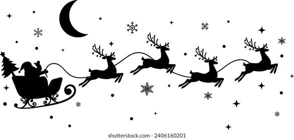 Santa Christmas Night , Santa Sleigh Silhouette.