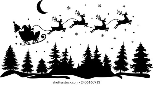 Santa Christmas Night , Santa Sleigh Silhouette