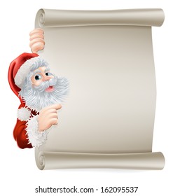 Santa Christmas poster of Santa cartoon character pointing sideways at a poster sign