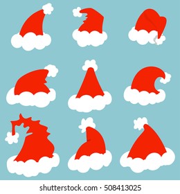 Santa Christmas red hat. Vector cartoon set isolated  on background.