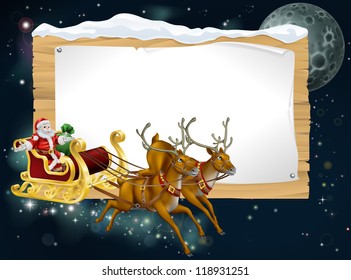 Santa Christmas sleigh background with Santa riding in his sleigh delivering Christmas gifts