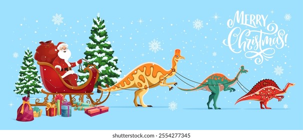 Santa Christmas sleigh with dinosaurs. Cartoon vector Merry Christmas banner featuring Santa Claus character riding a sled pulled by dino animals amidst snowflakes, decorated Xmas trees and gift boxes