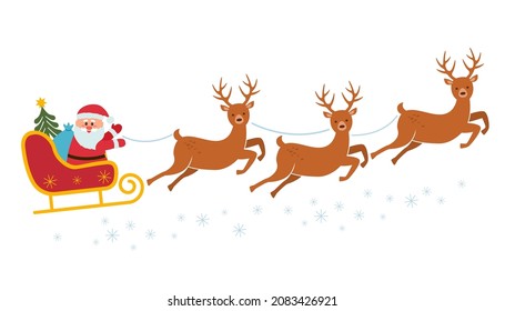 Santa with a Christmas tree and a bag of gifts rides a reindeer sleigh. concept of new year and Xmas. vector illustration isolated on white background