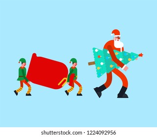 Santa and Christmas tree. Elves and red bag  New Year and Xmas Vector illustration