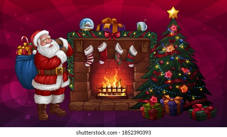 Santa Christmas tree and fireplace. Vector illustration