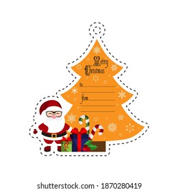 Santa and Christmas tree with gifts. Gift tag. Card. Vector illustration. Flat design style
