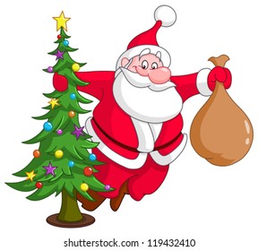 Santa with Christmas tree and gifts sack