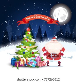 Santa At Christmas Tree Over Night Forest Landscape Holiday Greeting Card Design Flat Vector Illustration