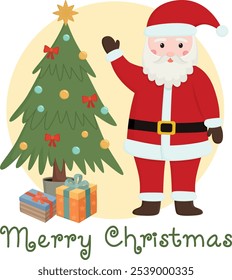 Papai Noel e árvore de Natal com caixas de presentes. Conceito de férias desenhado à mão para cartão e outro design gráfico	
