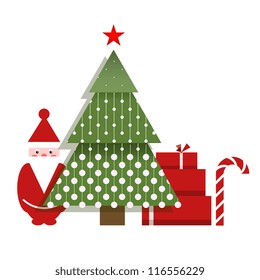 Santa Christmas Tree Presents and a Candy. Vector EPS10 graphic illustration of Christmas gifts and Santa.