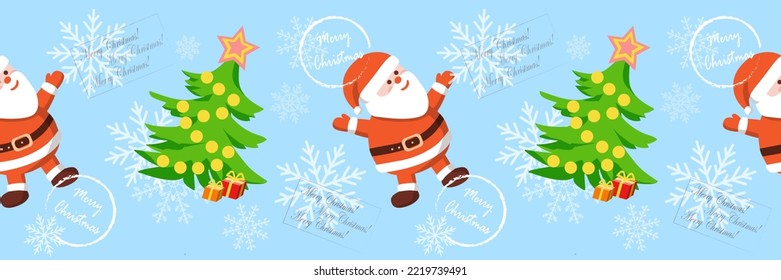 Santa, christmas tree, snowflakes on a light blue background and copy space. Cartoon vector illustration.