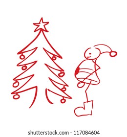 Santa with Christmas tree vector doodle