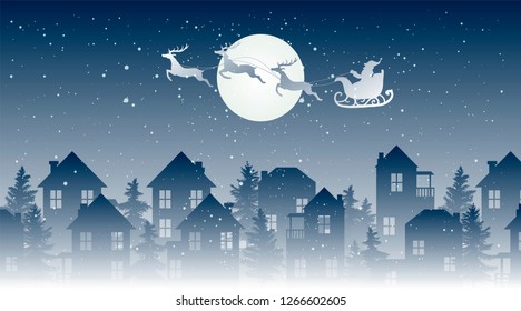 santa clais sleigh with reindeers and houses under night sky, vector