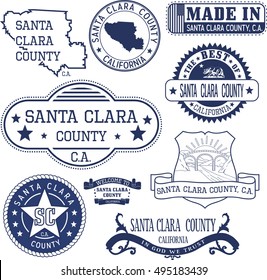 Santa Clara County, California. Set Of Generic Stamps And Signs Including Santa Clara County Map And Seal Elements.