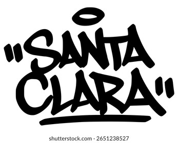 Grafite de Santa Clara em letras negrito em fundo transparente. Elegante etiqueta urbana com energia digital adequada para o trabalho criativo moderno