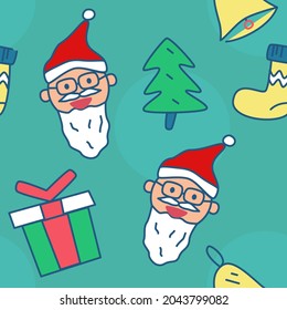 Santa class, bell, sock, tree, gift box in Christmas Concept seamless patterns.  Vector for print, wrapping paper, backdrop.