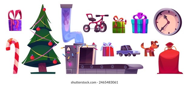 Santa Claud Christmas gift factory workshop and present wrapping conveyor. Winter New Year production with decorated box for celebration. Isolated industry graphic with xmas bag and manufacturing