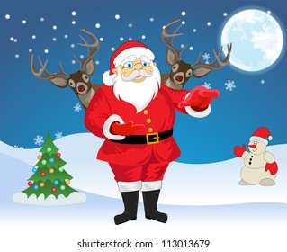 Santa Claus and 2 Reindeer in blue and white background with christmas tree, snowman, snowflakes and moon, vector illustration
