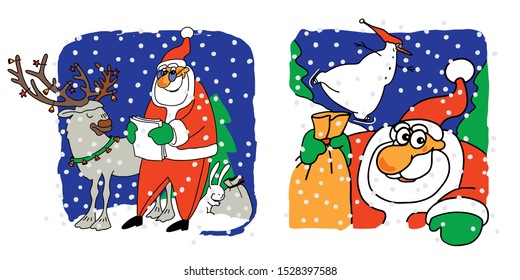 Santa Claus 2020. 2 options. Santa Claus with a deer, a snowman and a bag of gifts. Snowman is skating. Vector illustration 