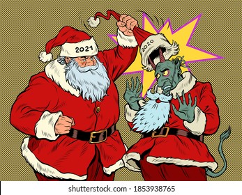 Santa Claus 2021 Reveals The Evil 2020. Pop art retro illustration kitsch vintage 50s 60s style