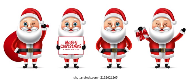 Santa Claus 3d Christmas Character Set. Santa Claus Christmas Characters In Holding Sack, Gift And Banner With Merry Christmas Greeting Message For Xmas Holiday Season Collection Design.