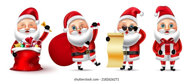 Personajes de navidad de Santa claus 3d. Carácter navideño de Santa claus en diferentes poses y gestos como mantener una lista de deseos, sacos y regalos para el diseño de la colección navideña de navidad navideña.