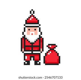 Icono de Santa Claus de 8 bits, Santa Claus con una bolsa de regalos pixel art item.