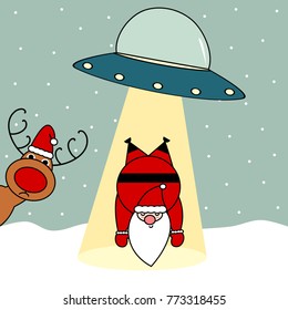 santa claus abducted by ufo cute funny cartoon christmas vector illustration