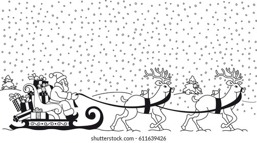 Santa Claus aboard his sleigh full of gift packs, pulled by his reindeer.