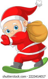 Santa claus in action playing snowboard of illustration