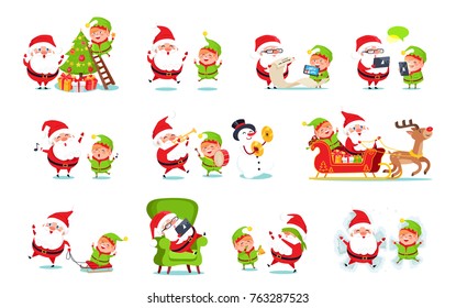 Santa Claus activities collection, winter character with elf and snowman with reindeer doing job, read list of wish, deliver gifts vector illustration