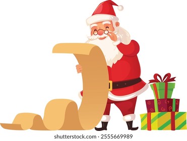 Santa claus adjusts his eyeglasses while carefully reading a very long christmas wish list, with colorful wrapped presents stacked beside him, preparing for the festive holiday season