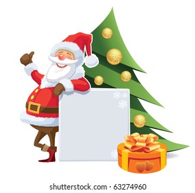 Santa Claus advertising with blank poster and christmas tree