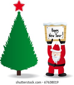 Santa Claus advertising with blank poster and christmas tree