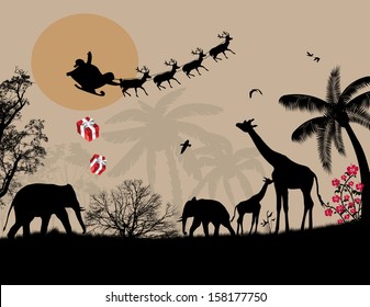 Santa Claus in Africa - silhouettes of wild animals and flying Santa on sunset, vector background