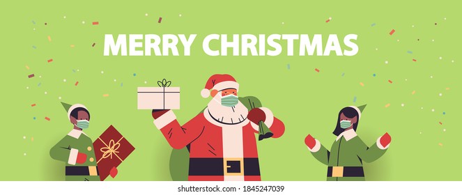 santa claus with african american elves in masks holding gifts happy new year merry christmas holidays celebration concept portrait horizontal vector illustration