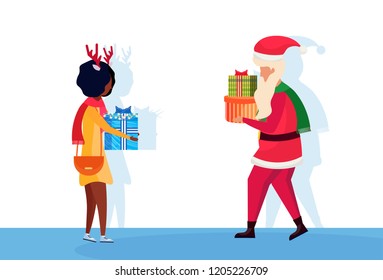 santa claus african woman giving present gift box each other happy new year merry christmas concept flat isolated full length horizontal vector illustration