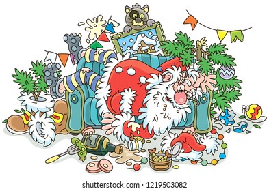 Santa Claus after the New Year’s feast is slightly drunk and asleep on his couch in a scary mess, vector illustration in a cartoon style