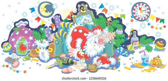 Santa Claus after the New Year feast is slightly drunk and asleep on his couch in a scary mess, vector illustration in a cartoon style to print on a cup