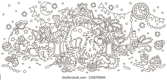 Santa Claus after the New Year feast is slightly drunk and asleep on his couch in a scary mess, black and white outlined vector illustration in a cartoon style to print on a cup