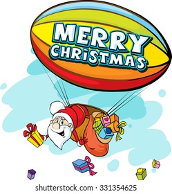 Santa Claus in airship full of gifts - funny vector illustration
