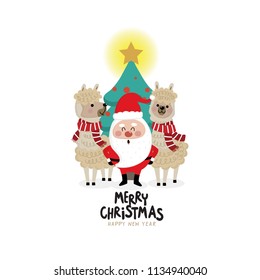 Santa Claus, alpaca and Christmas tree. Holiday greeting card vector.