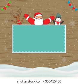 Santa Claus with animals Deer and Penguin. Christmas  and New Year background with place for text. Vector illustration.