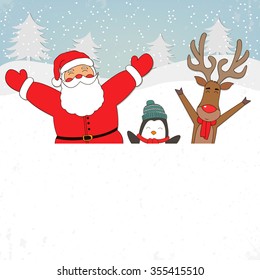 Santa Claus and animals Deer, Penguin. Christmas  and New Year background with place for text. Cute Cartoon animals. Vector illustration.