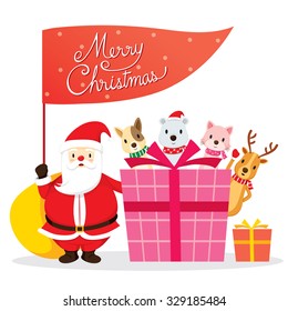 Santa Claus, Animals And Gift Box, Merry Christmas, Xmas, Happy New Year, Objects, Festive, Celebrations
