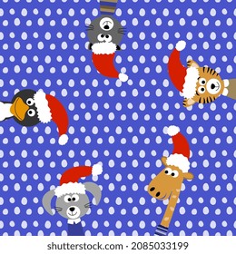 Santa Claus animals hare, tiger, giraffe, cat, penguin in caps on a blue background with polka dots. Zoo vector illustration for New Year children.