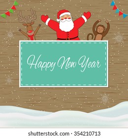 Santa Claus and animals Monkey, Deer. Christmas and New Year background with place for text. Cute Cartoon characters. Vector illustration.
