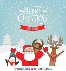 Santa Claus and animals Monkey, Deer, Penguin. Christmas and New Year background with place for text. Cute Cartoon animals. Vector illustration.