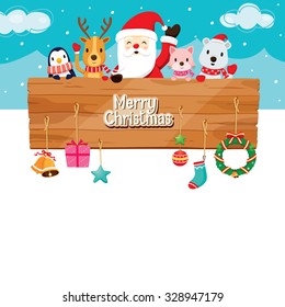 Santa Claus, Animals and Ornaments With Wood Banner, Merry Christmas, Xmas, Happy New Year, Objects, Festive, Celebrations