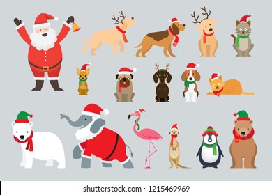 Santa Claus and Animals Wearing Christmas Costume, Winter and New Year Celebration